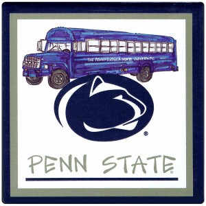 ceramic coaster with blue Pennsylvania State University bus, Athletic Logo, and Penn State